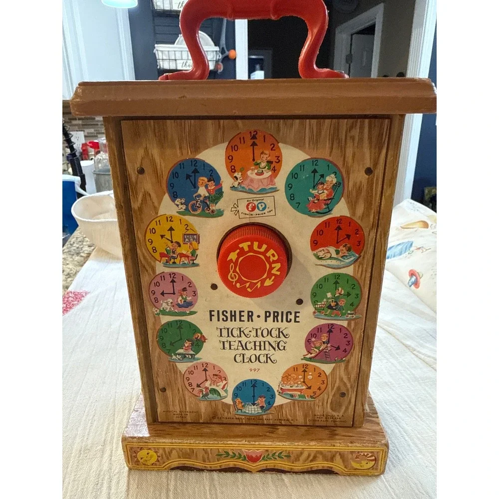 Vintage Fisher Price Tick Tock Teaching Clock 997 Musical Wood Toy 1960s Retro